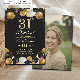 Elegant Black Gold Glitter 31st Birthday Photo Invitation