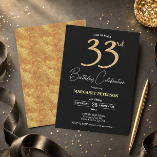 Elegant Black Gold Glitter 33rd Birthday Party Invitation