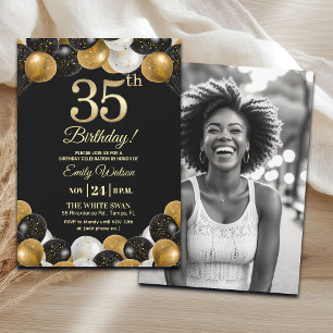 Elegant Black Gold Glitter 35th Birthday Photo Invitation
