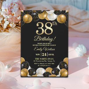 Elegant Black Gold Glitter 38th Birthday Party Invitation
