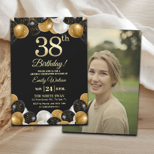 Elegant Black Gold Glitter 38th Birthday Photo Invitation