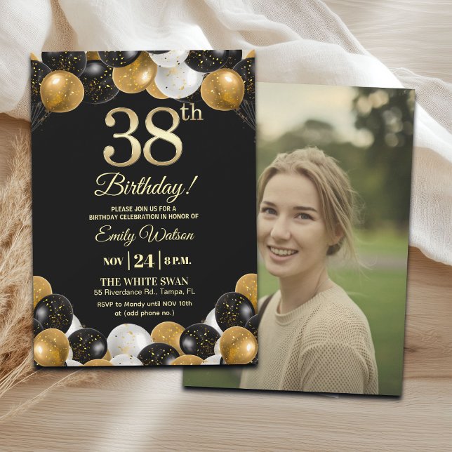 Elegant Black Gold Glitter 38th Birthday Photo Invitation (Creator Uploaded)