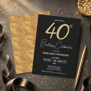 Elegant Black Gold Glitter 40th Birthday Party Invitation