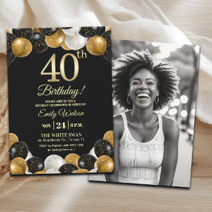 Elegant Black Gold Glitter 40th Birthday Photo Invitation