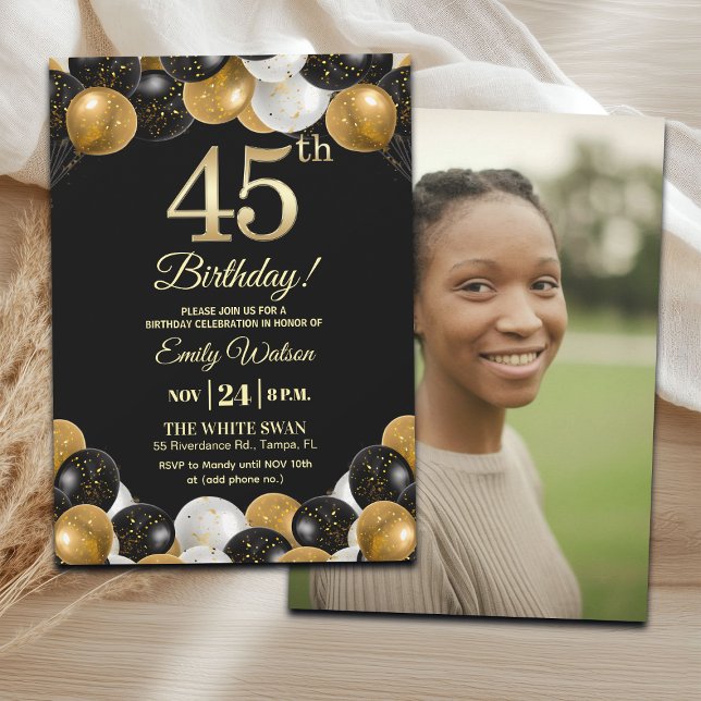 Elegant Black Gold Glitter 45th Birthday Photo Invitation (Creator Uploaded)