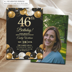 Elegant Black Gold Glitter 46th Birthday Photo Invitation