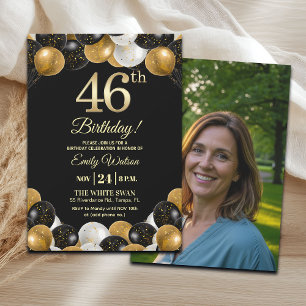 Elegant Black Gold Glitter 46th Birthday Photo Invitation