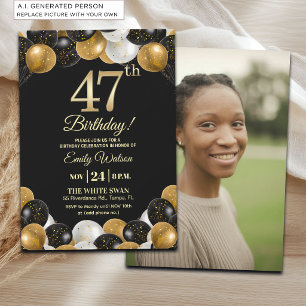 Elegant Black Gold Glitter 47th Birthday Photo Invitation