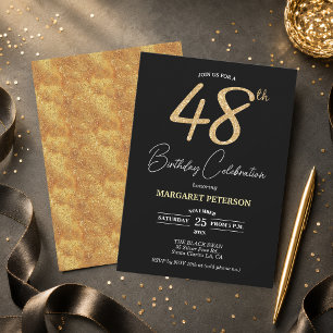 Elegant Black Gold Glitter 48th Birthday Party Invitation