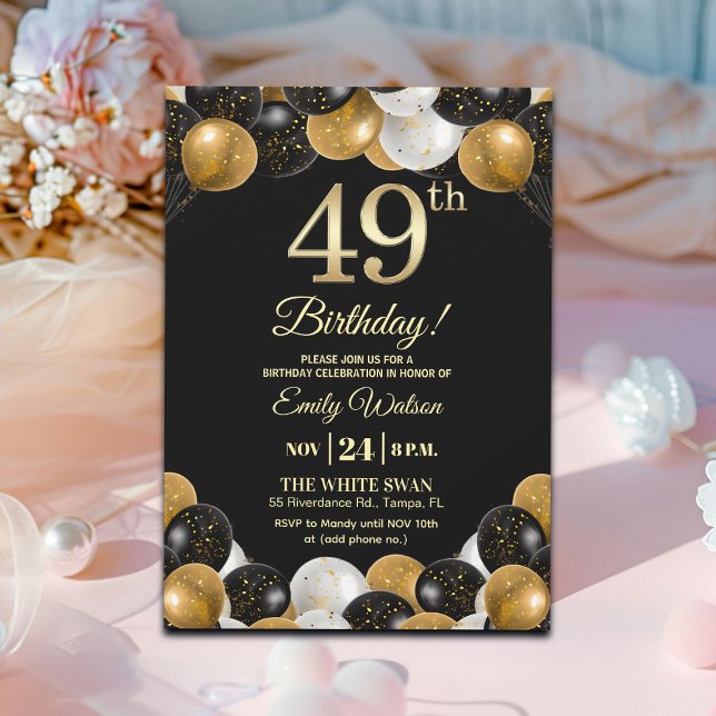Elegant Black Gold Glitter 49th Birthday Party Invitation (Creator Uploaded)