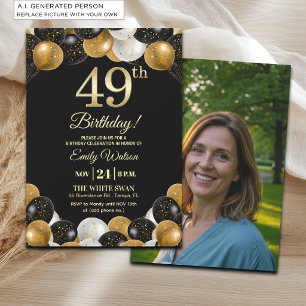 Elegant Black Gold Glitter 49th Birthday Photo Invitation