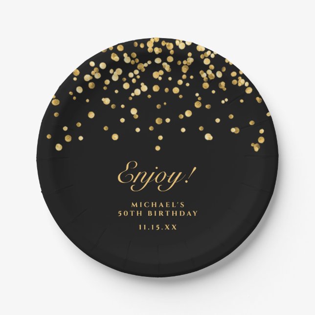 Elegant Black & Gold Glitter 50th Birthday  Paper Plate (Front)