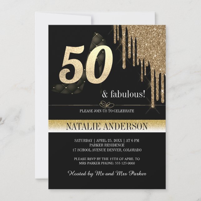 Elegant Black  Gold Glitter 50th Birthday Party Invitation (Front)