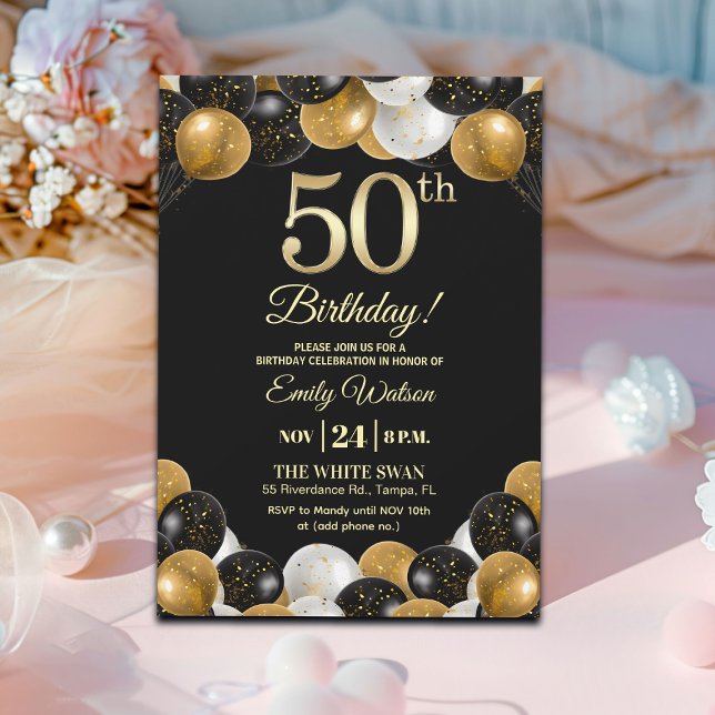 Elegant Black Gold Glitter 50th Birthday Party Invitation (Creator Uploaded)