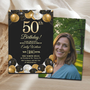 Elegant Black Gold Glitter 50th Birthday Photo Invitation