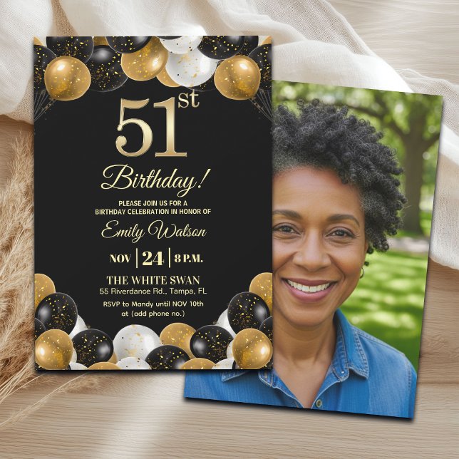 Elegant Black Gold Glitter 51st Birthday Photo Invitation (Creator Uploaded)