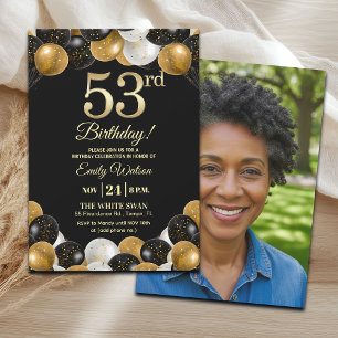 Elegant Black Gold Glitter 53rd Birthday Photo Invitation