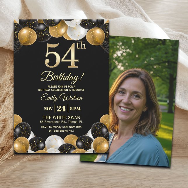 Elegant Black Gold Glitter 54th Birthday Photo Invitation (Creator Uploaded)
