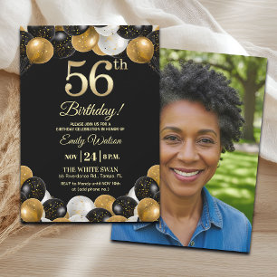 Elegant Black Gold Glitter 56th Birthday Photo Invitation