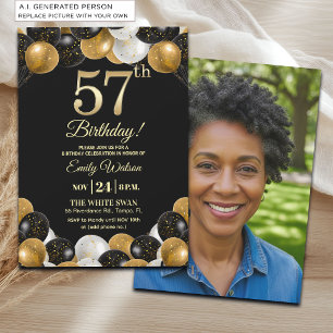 Elegant Black Gold Glitter 57th Birthday Photo Invitation