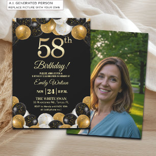 Elegant Black Gold Glitter 58th Birthday Photo Invitation