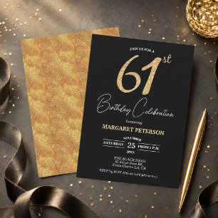 Elegant Black Gold Glitter 61st Birthday Party Invitation