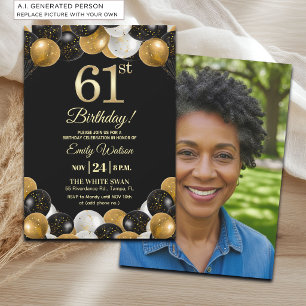 Elegant Black Gold Glitter 61st Birthday Photo Invitation