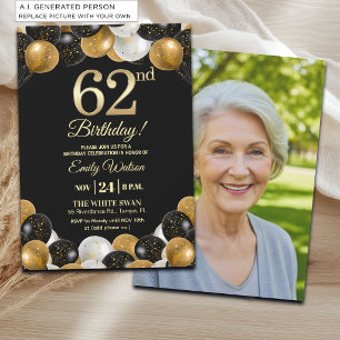 Elegant Black Gold Glitter 62nd Birthday Photo Invitation