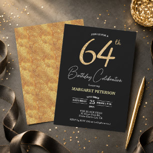 Elegant Black Gold Glitter 64th Birthday Party Invitation