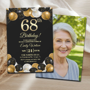 Elegant Black Gold Glitter 68th Birthday Photo Invitation