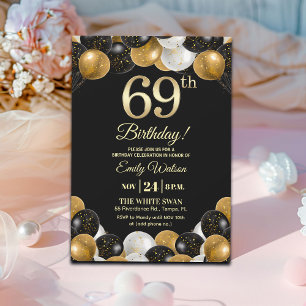Elegant Black Gold Glitter 69th Birthday Party Invitation