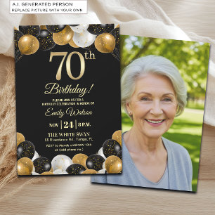Elegant Black Gold Glitter 70th Birthday Photo Invitation