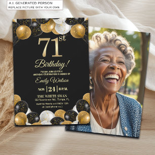 Elegant Black Gold Glitter 71st Birthday Photo Invitation
