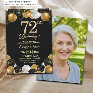 Elegant Black Gold Glitter 72nd Birthday Photo Invitation