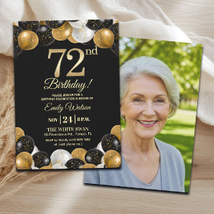 Elegant Black Gold Glitter 72nd Birthday Photo Invitation