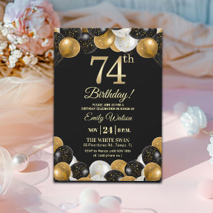 Elegant Black Gold Glitter 74th Birthday Party Invitation