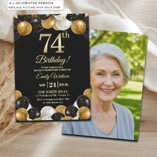 Elegant Black Gold Glitter 74th Birthday Photo Invitation