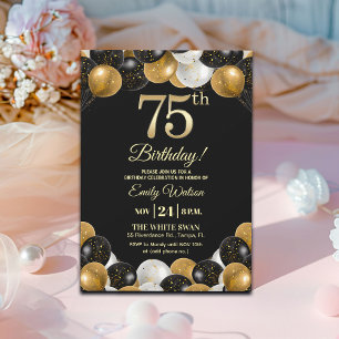 Elegant Black Gold Glitter 75th Birthday Party Invitation