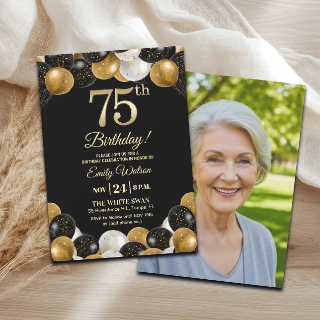Elegant Black Gold Glitter 75th Birthday Photo Invitation (Creator Uploaded)