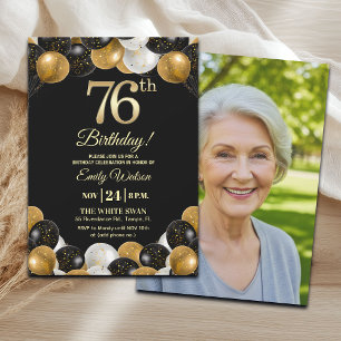 Elegant Black Gold Glitter 76th Birthday Photo Invitation