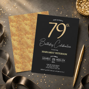 Elegant Black Gold Glitter 79th Birthday Party Invitation