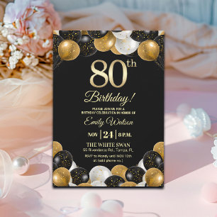 Elegant Black Gold Glitter 80th Birthday Invitation