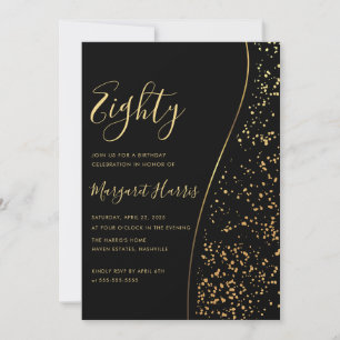 Elegant Black Gold Glitter 80th Eighty Birthday Invitation