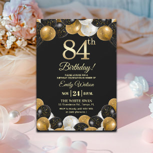 Elegant Black Gold Glitter 84th Birthday Invitation