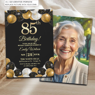 Elegant Black Gold Glitter 85th Birthday Photo Invitation
