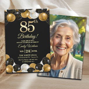 Elegant Black Gold Glitter 85th Birthday Photo Invitation