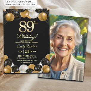Elegant Black Gold Glitter 89th Birthday Photo Invitation