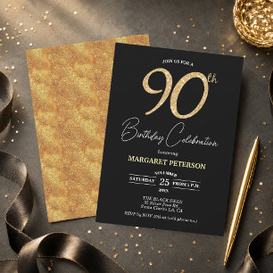 Elegant Black Gold Glitter 90th Birthday Party Invitation