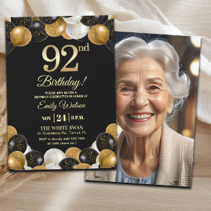 Elegant Black Gold Glitter 92nd Birthday Photo Invitation
