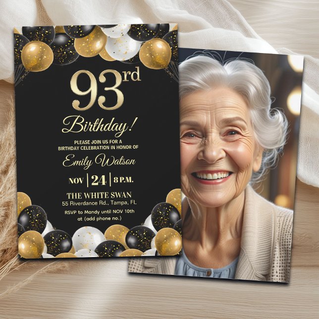 Elegant Black Gold Glitter 93rd Birthday Photo Invitation (Creator Uploaded)